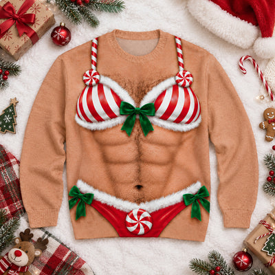 Naughty Never Looked So Nice - Personalized Wool Sweater, Candy Cane Bra and Brief Illusion Funny Xmas Ugly Sweater, Ugly Christmas Party Outfit, Holiday Gift for Men