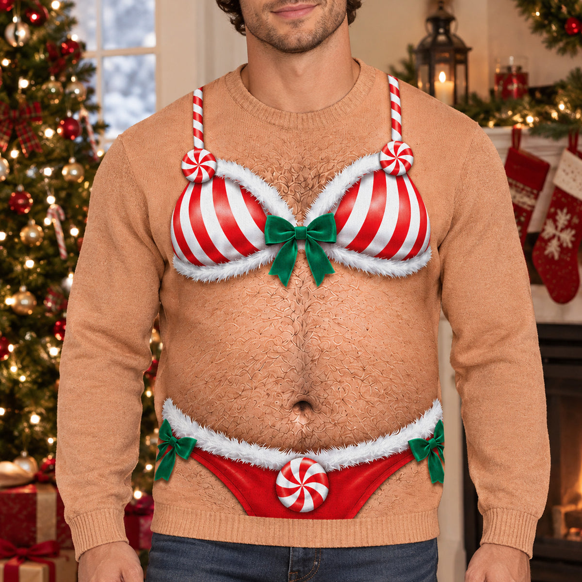 Naughty Never Looked So Nice - Personalized Wool Sweater, Candy Cane Bra and Brief Illusion Funny Xmas Ugly Sweater, Ugly Christmas Party Outfit, Holiday Gift for Men