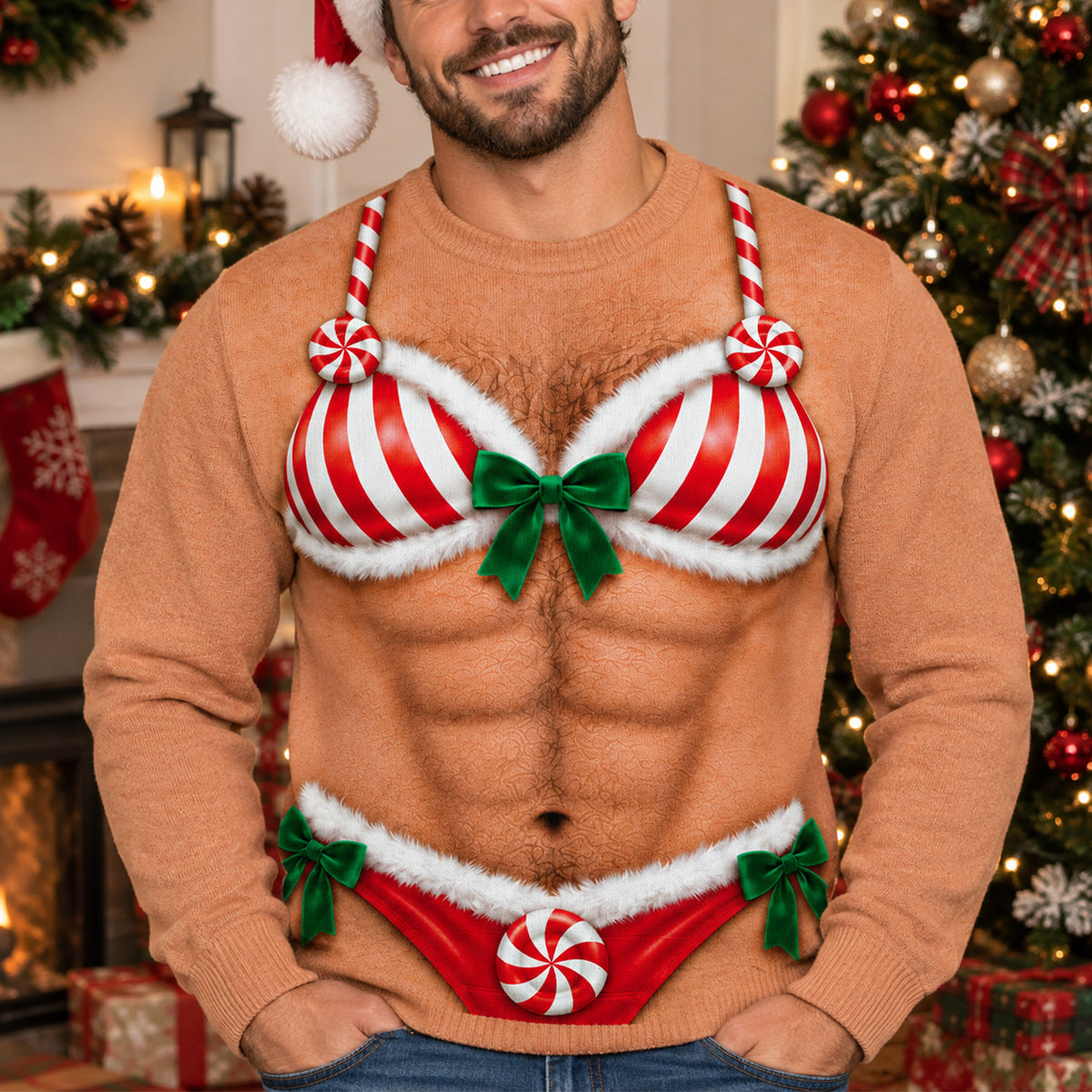 Naughty Never Looked So Nice - Personalized Wool Sweater, Candy Cane Bra and Brief Illusion Funny Xmas Ugly Sweater, Ugly Christmas Party Outfit, Holiday Gift for Men