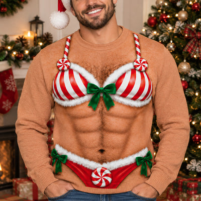 Naughty Never Looked So Nice - Personalized Wool Sweater, Candy Cane Bra and Brief Illusion Funny Xmas Ugly Sweater, Ugly Christmas Party Outfit, Holiday Gift for Men
