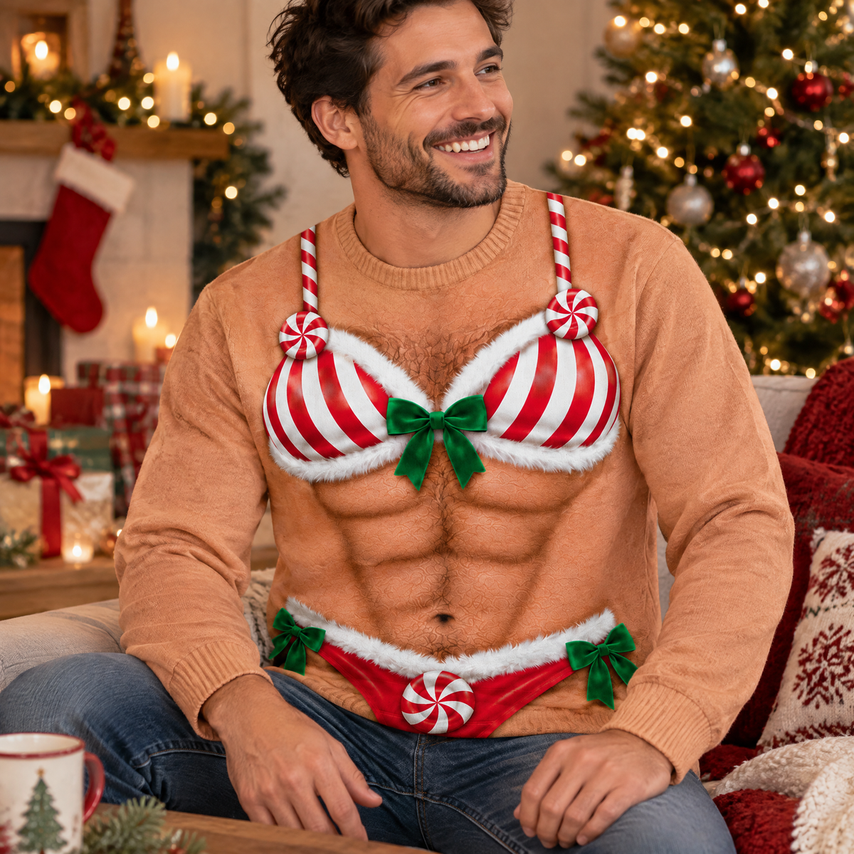 Naughty Never Looked So Nice - Personalized Wool Sweater, Candy Cane Bra and Brief Illusion Funny Xmas Ugly Sweater, Ugly Christmas Party Outfit, Holiday Gift for Men