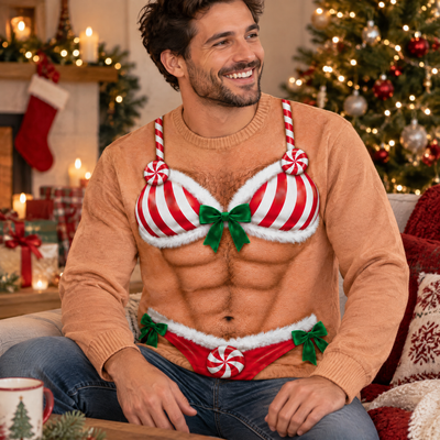 Naughty Never Looked So Nice - Personalized Wool Sweater, Candy Cane Bra and Brief Illusion Funny Xmas Ugly Sweater, Ugly Christmas Party Outfit, Holiday Gift for Men