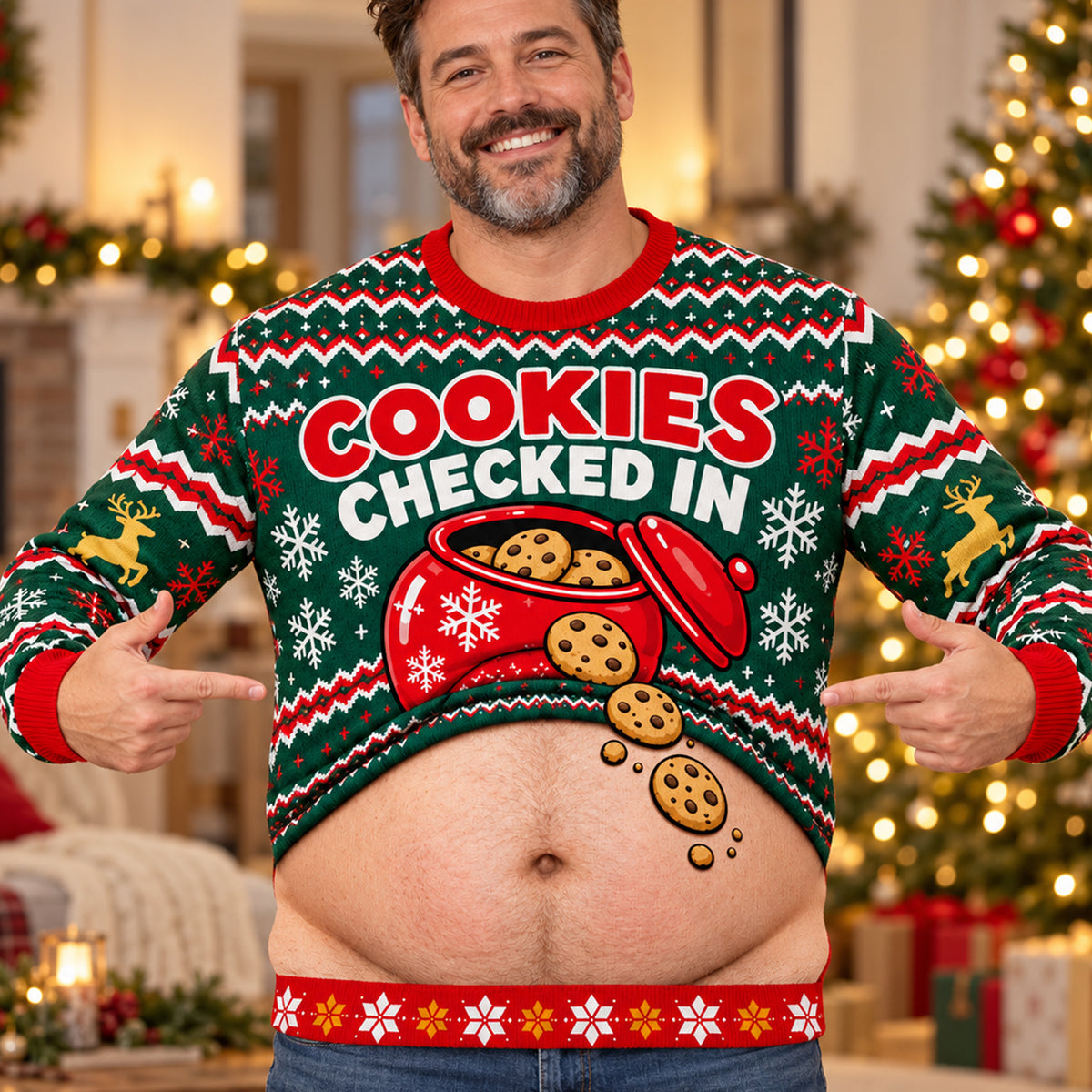 Custom Cookies Checked In Christmas Sweater worn by a smiling bearded man pointing at the cookie jar design by a tree