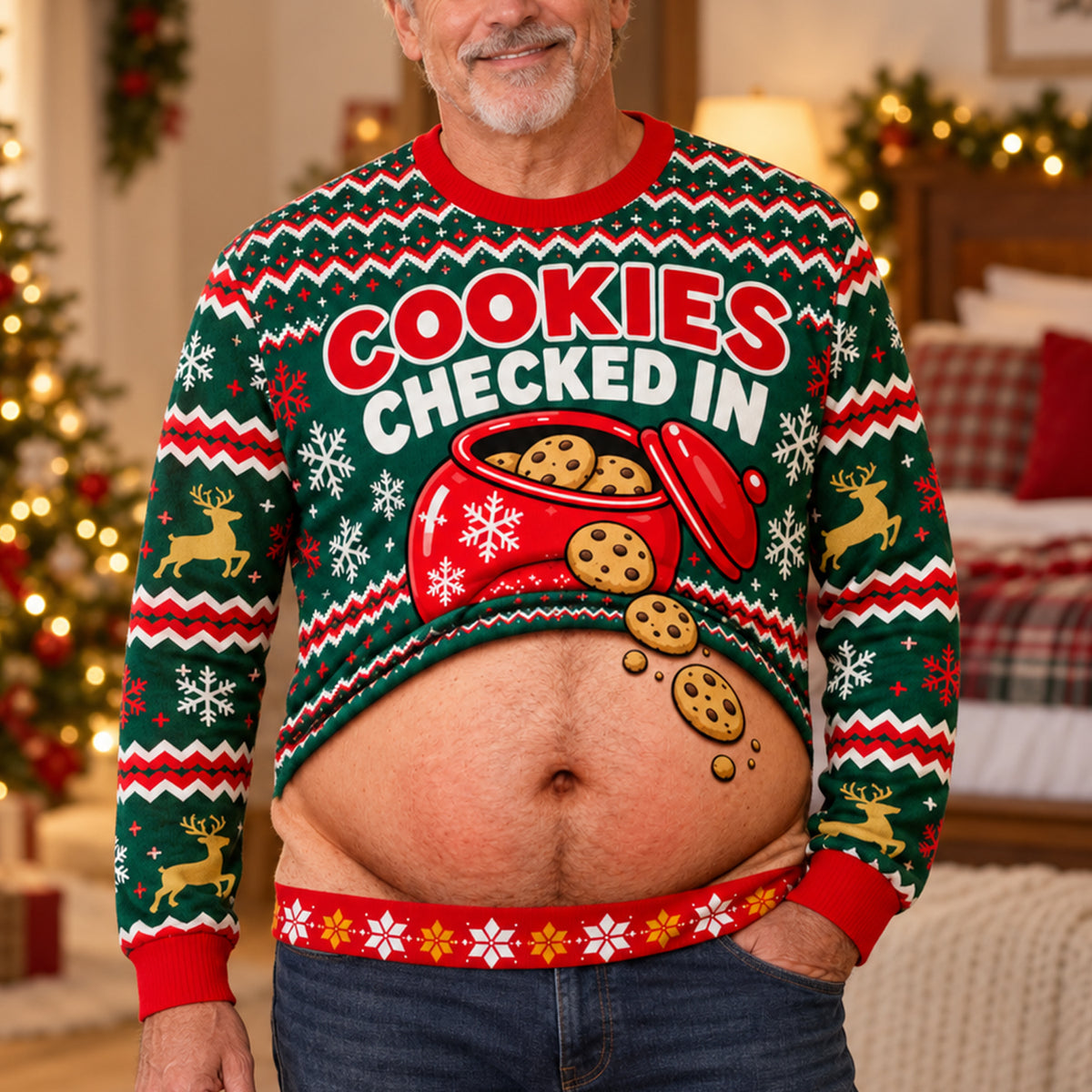 Custom Cookies Checked In Christmas Sweater worn by a man with hand in pocket in a decorated room with a bed