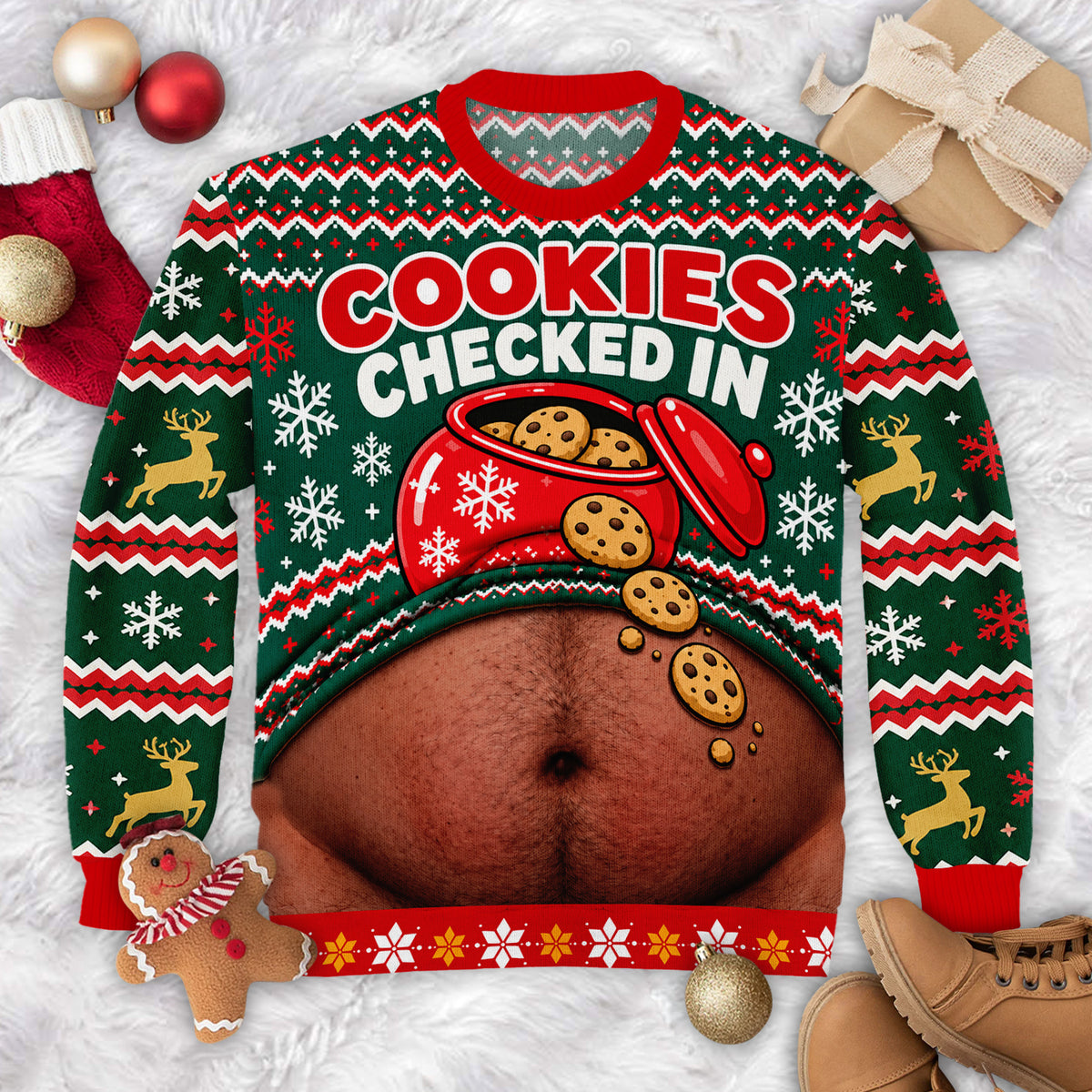 Custom Cookies Checked In Christmas Sweater laid flat on white fur with ornaments, a gingerbread toy and boots