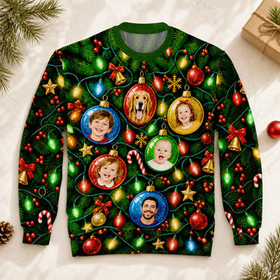 Funny Face Tangled Lights - Personalized Wool Sweater, Custom Photo And Name Family Sweatshirt