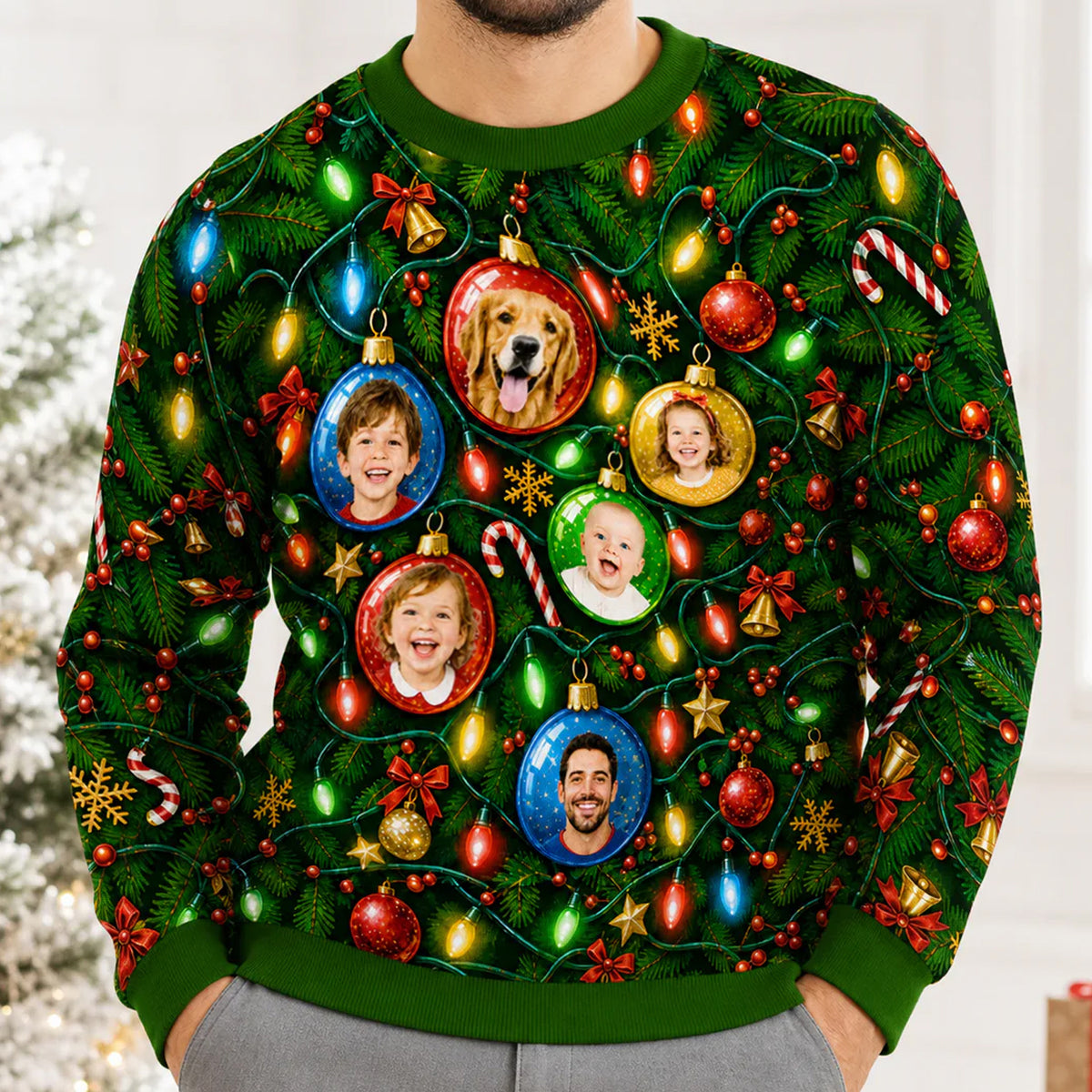 Funny Face Tangled Lights - Personalized Wool Sweater, Custom Photo And Name Family Sweatshirt