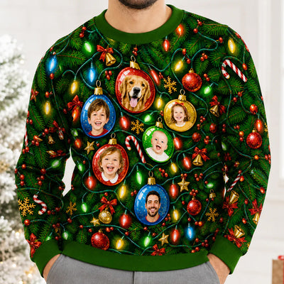 Funny Face Tangled Lights - Personalized Wool Sweater, Custom Photo And Name Family Sweatshirt