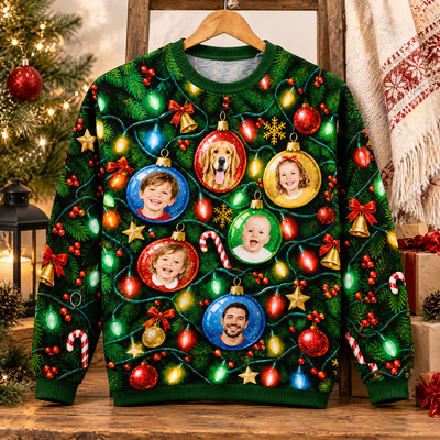 Funny Face Tangled Lights - Personalized Wool Sweater, Custom Photo And Name Family Sweatshirt