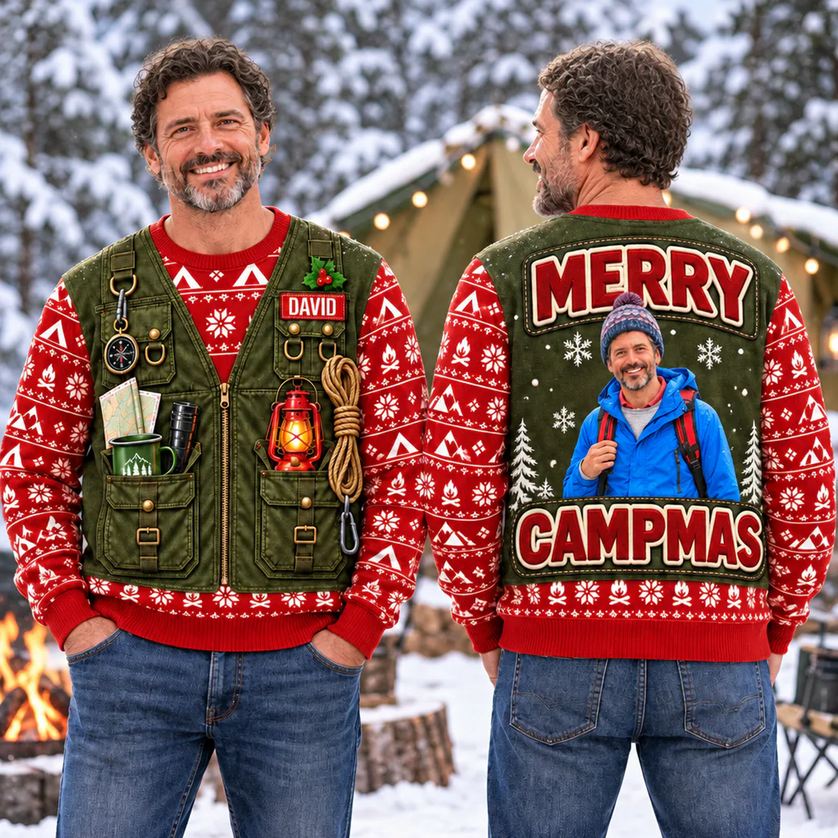 Personalized Merry Campmas wool sweater worn by two men in a snowy camp, front and back views side by side