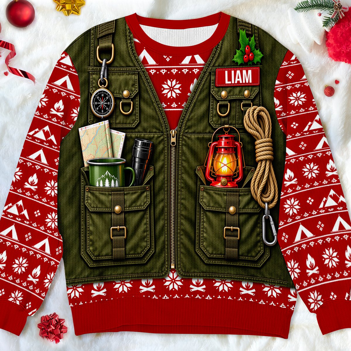 Personalized Merry Campmas wool sweater laid flat showing green vest print, lantern, rope and red name patch