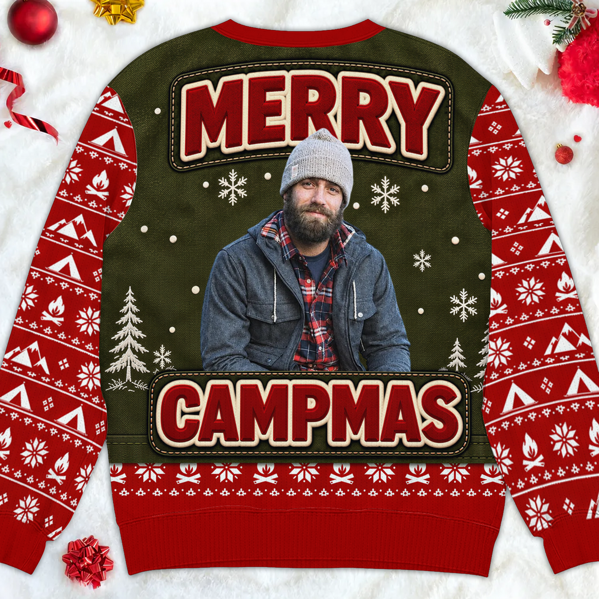 Personalized Merry Campmas wool sweater back view with Merry Campmas lettering and a bearded man's photo