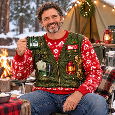 Personalized Merry Campmas wool sweater on a smiling man holding a green mug beside a campfire and tent