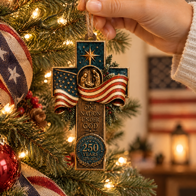One Nation Under God - Personalized Wooden Ornament, Faith Family Freedom, Patriotic Cross Decor