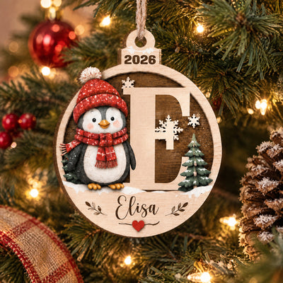 Penguin Wooden Monogram- Personalized Wooden Ornament, Initial Christmas Ornament 2026, Christmas Gift for Kids & Family
