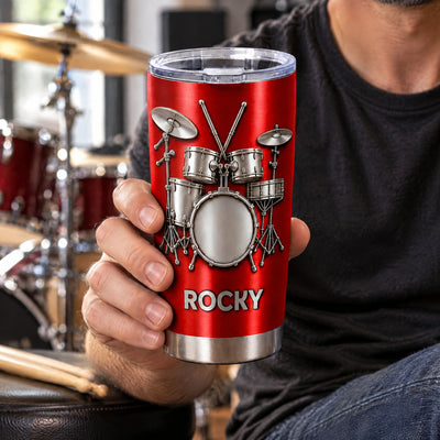 Drums Are My Therapy – Personalized Tumbler, Brushed Silver Metal Tumble, Drum Lovers Gift