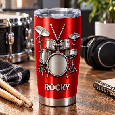 Drums Are My Therapy – Personalized Tumbler, Brushed Silver Metal Tumble, Drum Lovers Gift