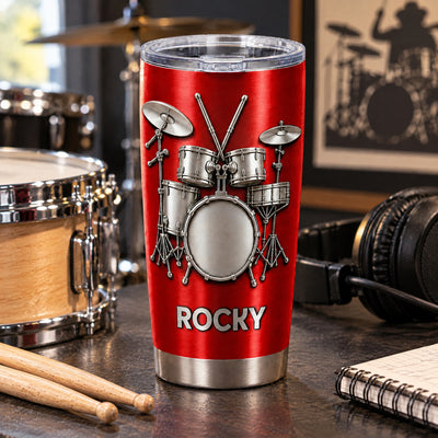 Drums Are My Therapy – Personalized Tumbler, Brushed Silver Metal Tumble, Drum Lovers Gift