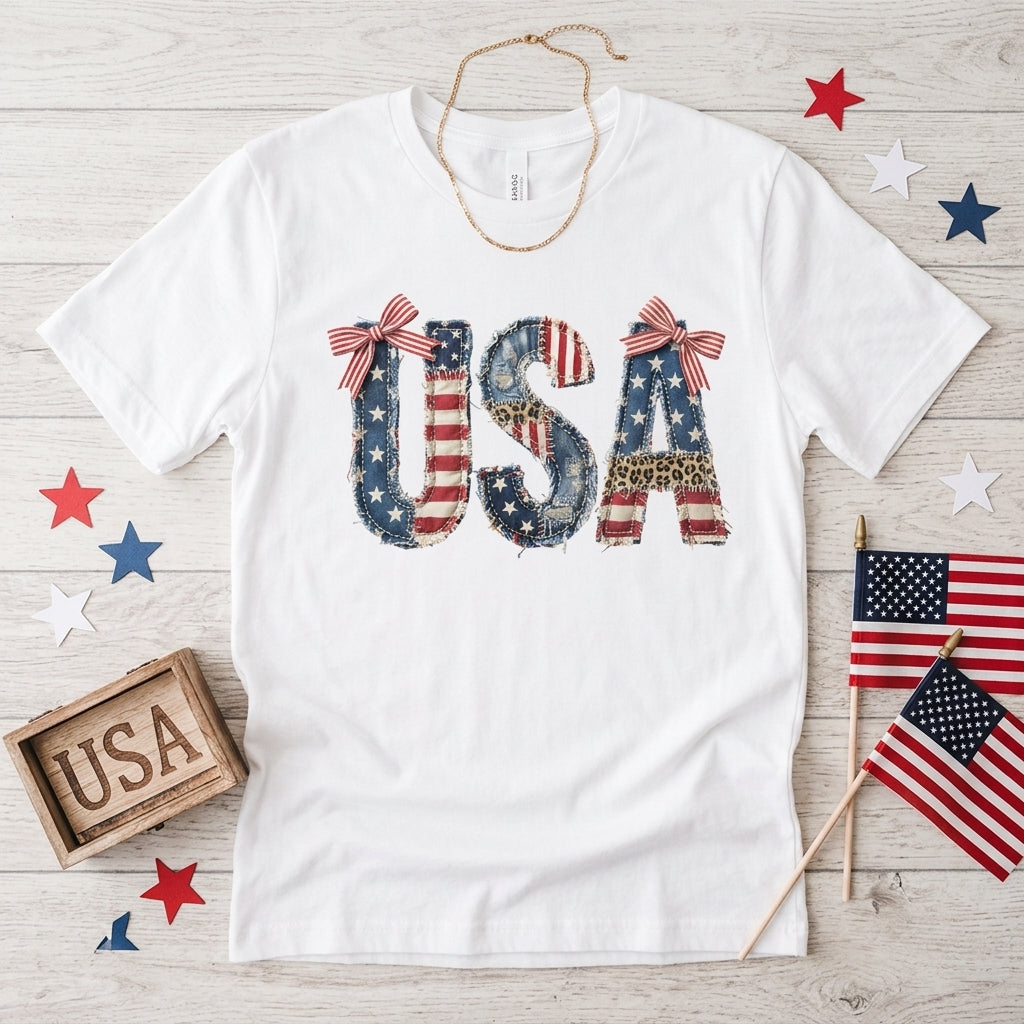 4th of July Faux Patchwork USA T-Shirt, Patriotic American Flag Shirt, USA Flag Tee, 4th of July Tee