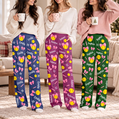 Softball Is My Happy Place - Personalized Pajama Pants, Softball Lovers GiftCoquette Bow Softball Custom Name, Number Gift For Softball Player