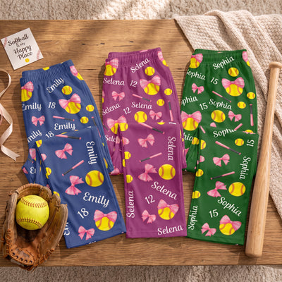 Softball Is My Happy Place - Personalized Pajama Pants, Softball Lovers GiftCoquette Bow Softball Custom Name, Number Gift For Softball Player