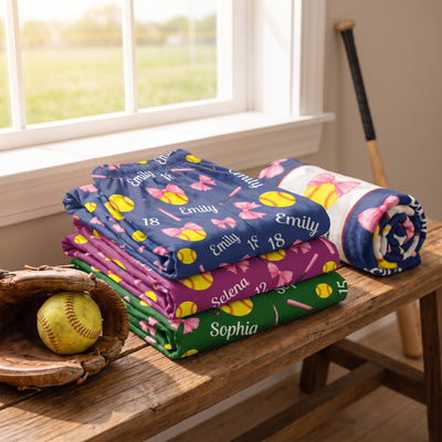 Softball Is My Happy Place - Personalized Pajama Pants, Softball Lovers GiftCoquette Bow Softball Custom Name, Number Gift For Softball Player