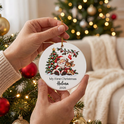 Santa Reindeer My First Christmas  -  Personalized Ceramic Ornament, Baby Girl Baby Boy First Christmas Gift, Baby Shower Gift