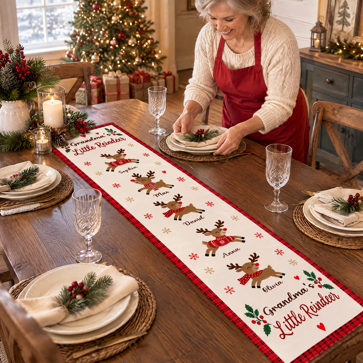 Grandma's Little Reindeer Christmas Personalized Table Runner, Custom Grandkids Names Holiday Table Decor, Cute Reindeer Family Dining Runner, Xmas Gift for Grandma