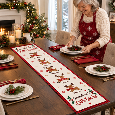 Grandma's Little Reindeer Christmas Personalized Table Runner, Custom Grandkids Names Holiday Table Decor, Cute Reindeer Family Dining Runner, Xmas Gift for Grandma