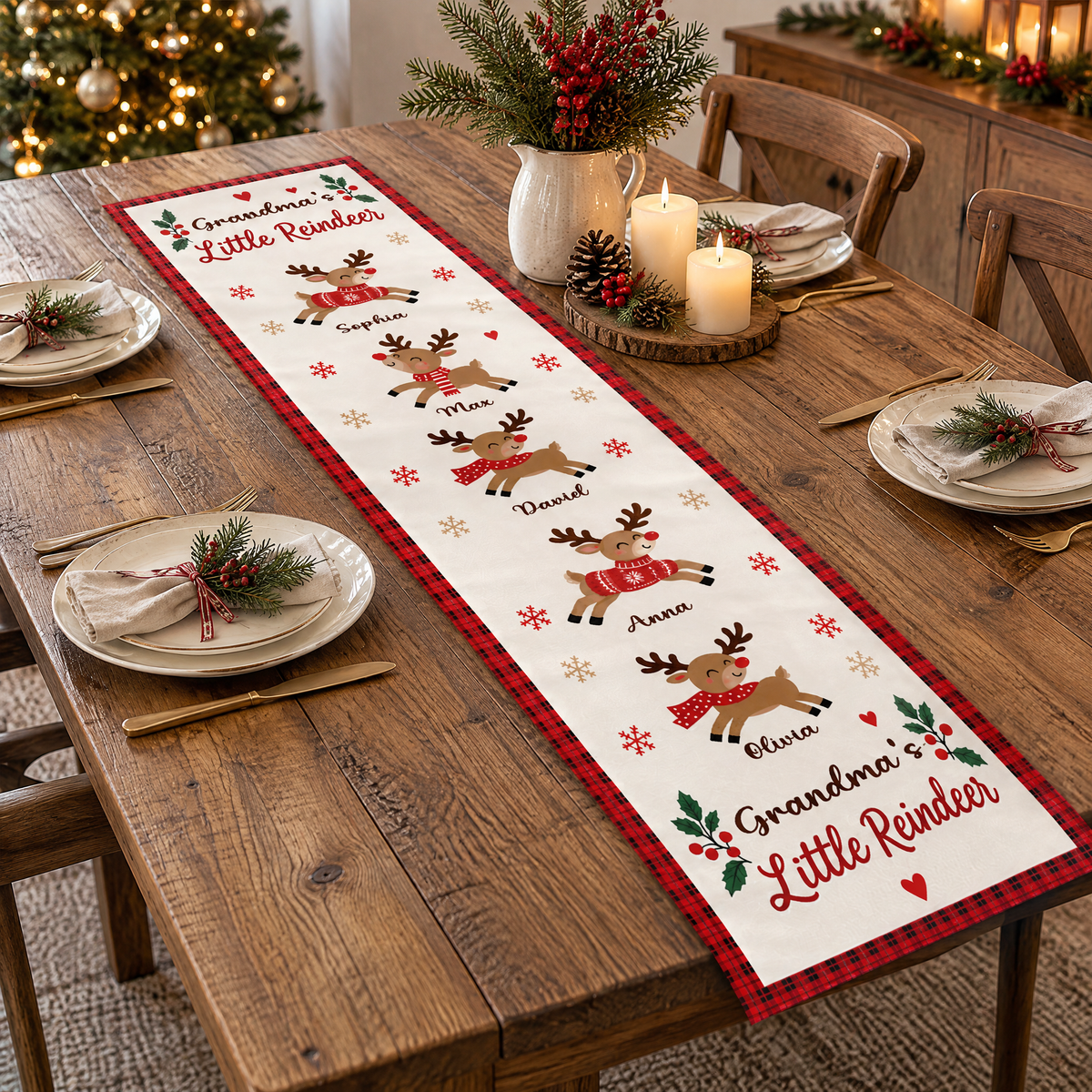 Grandma's Little Reindeer Christmas Personalized Table Runner, Custom Grandkids Names Holiday Table Decor, Cute Reindeer Family Dining Runner, Xmas Gift for Grandma