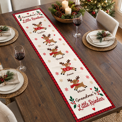 Grandma's Little Reindeer Christmas Personalized Table Runner, Custom Grandkids Names Holiday Table Decor, Cute Reindeer Family Dining Runner, Xmas Gift for Grandma