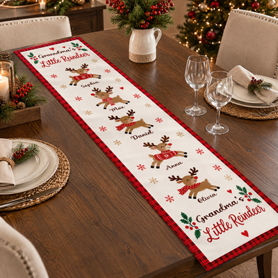 Grandma's Little Reindeer Christmas Personalized Table Runner, Custom Grandkids Names Holiday Table Decor, Cute Reindeer Family Dining Runner, Xmas Gift for Grandma
