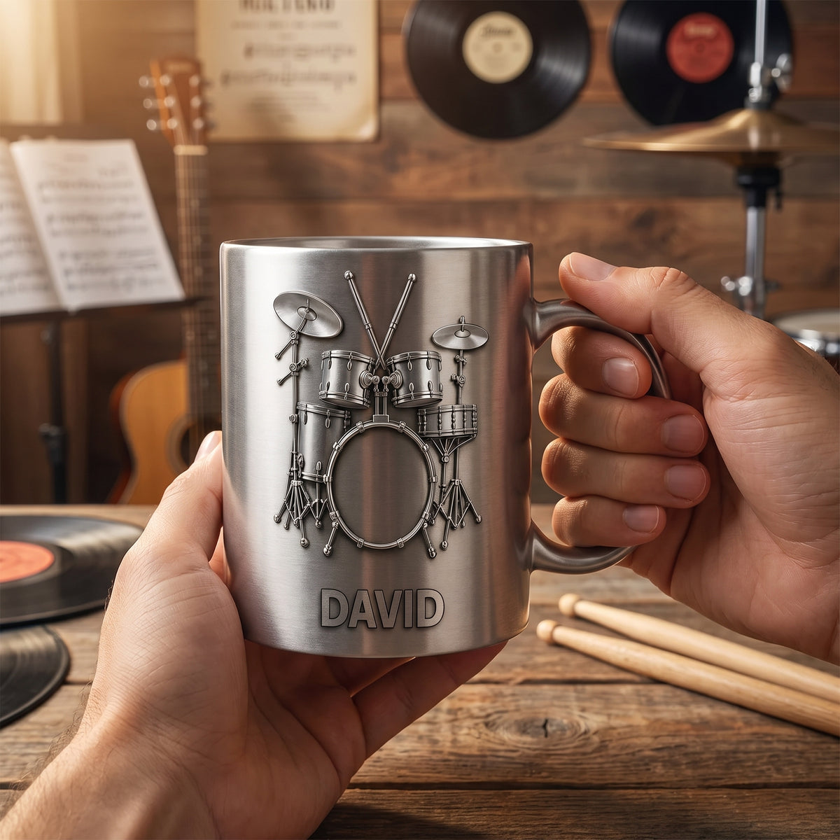Drums Is My Happy Place – Personalized Mug, Music Lover Gift, 3D Metallic Drum Mug