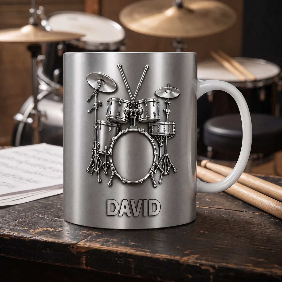 Drums Is My Happy Place – Personalized Mug, Music Lover Gift, 3D Metallic Drum Mug