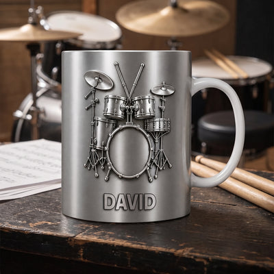 Drums Is My Happy Place – Personalized Mug, Music Lover Gift, 3D Metallic Drum Mug