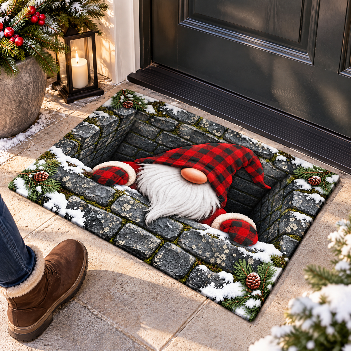 Vintage Plaid and Pinecone Motif Gnome Doormat