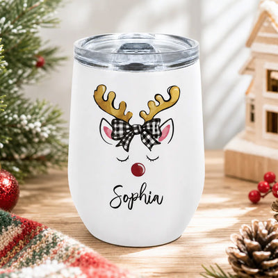 Reindeer Christmas - Personalized Wine Tumbler, Custom Name Holiday Cup, Family Christmas Gift