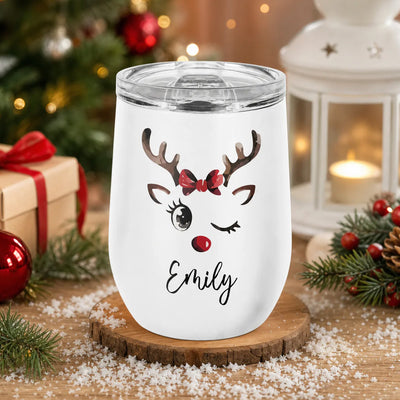 Reindeer Christmas - Personalized Wine Tumbler, Custom Name Holiday Cup, Family Christmas Gift