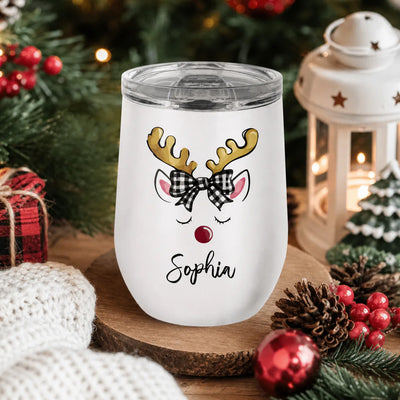 Reindeer Christmas - Personalized Wine Tumbler, Custom Name Holiday Cup, Family Christmas Gift