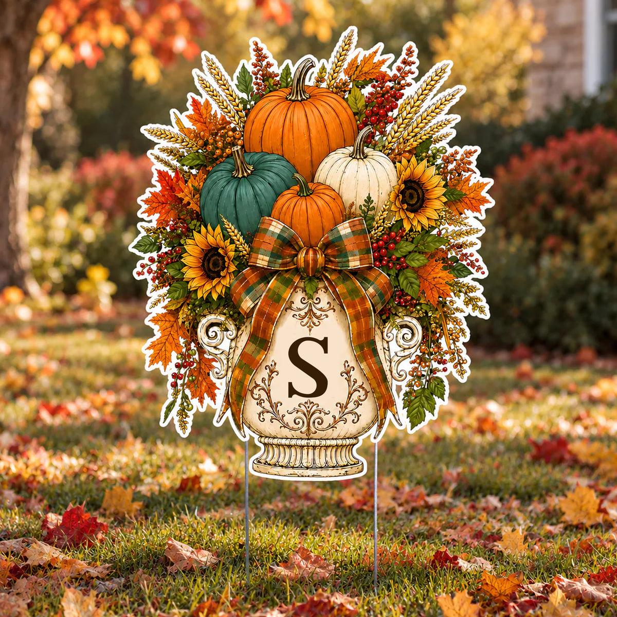 Where Pumpkins Glow And Memories Grow - Personalized Yard Sign, Fall Pumpkin Door Hanger, Custom Initial Monogram Wreath, Autumn Harvest Porch