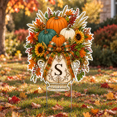 Where Pumpkins Glow And Memories Grow - Personalized Yard Sign, Fall Pumpkin Door Hanger, Custom Initial Monogram Wreath, Autumn Harvest Porch