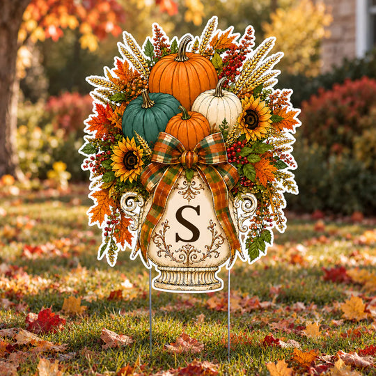 Where Pumpkins Glow And Memories Grow - Personalized Yard Sign, Fall Pumpkin Door Hanger, Custom Initial Monogram Wreath, Autumn Harvest Porch
