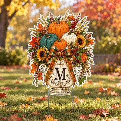 Where Pumpkins Glow And Memories Grow - Personalized Yard Sign, Fall Pumpkin Door Hanger, Custom Initial Monogram Wreath, Autumn Harvest Porch
