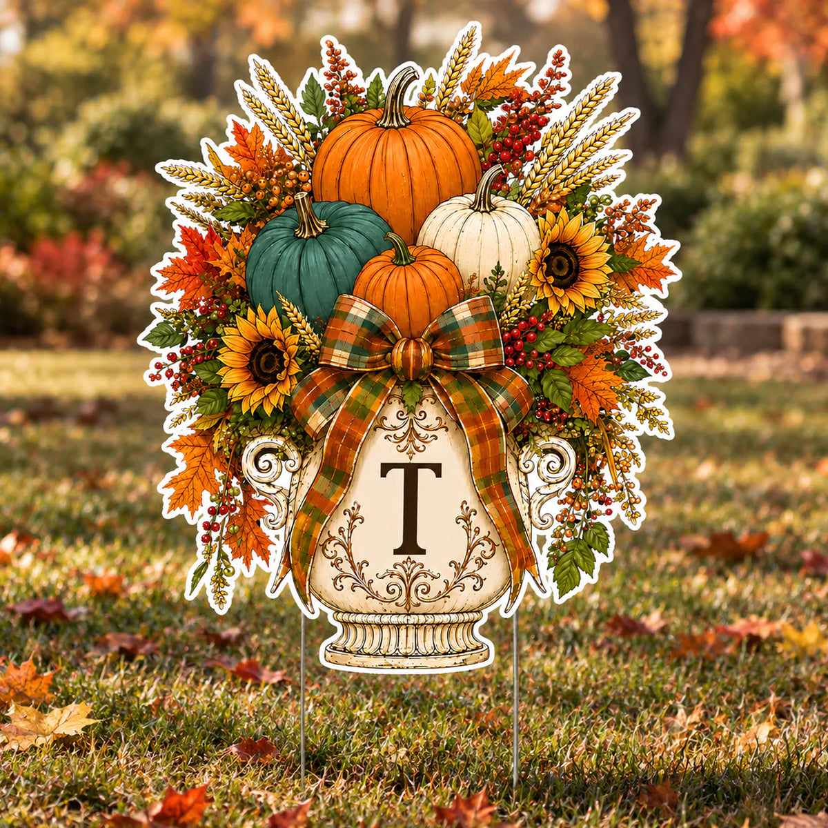 Where Pumpkins Glow And Memories Grow - Personalized Yard Sign, Fall Pumpkin Door Hanger, Custom Initial Monogram Wreath, Autumn Harvest Porch