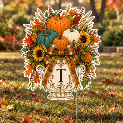 Where Pumpkins Glow And Memories Grow - Personalized Yard Sign, Fall Pumpkin Door Hanger, Custom Initial Monogram Wreath, Autumn Harvest Porch