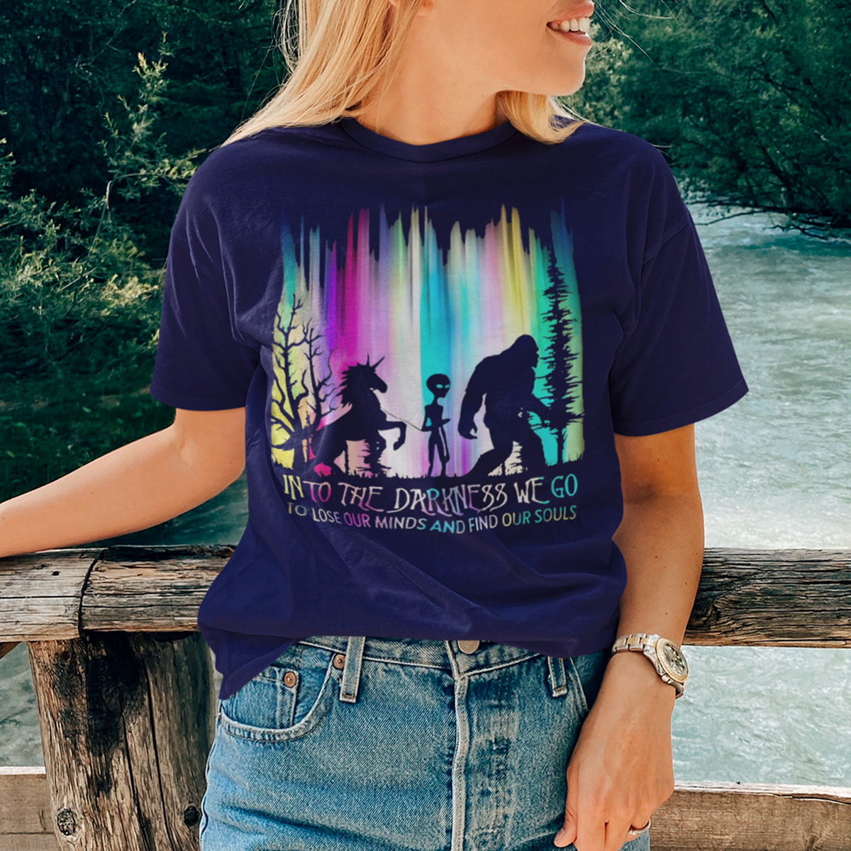 Into The Darkness We Go To Lose Our Minds Vintage T-Shirt, Bigfoot Shirt, Alien Shirt, Unicorn Shirt, Camping Shirt