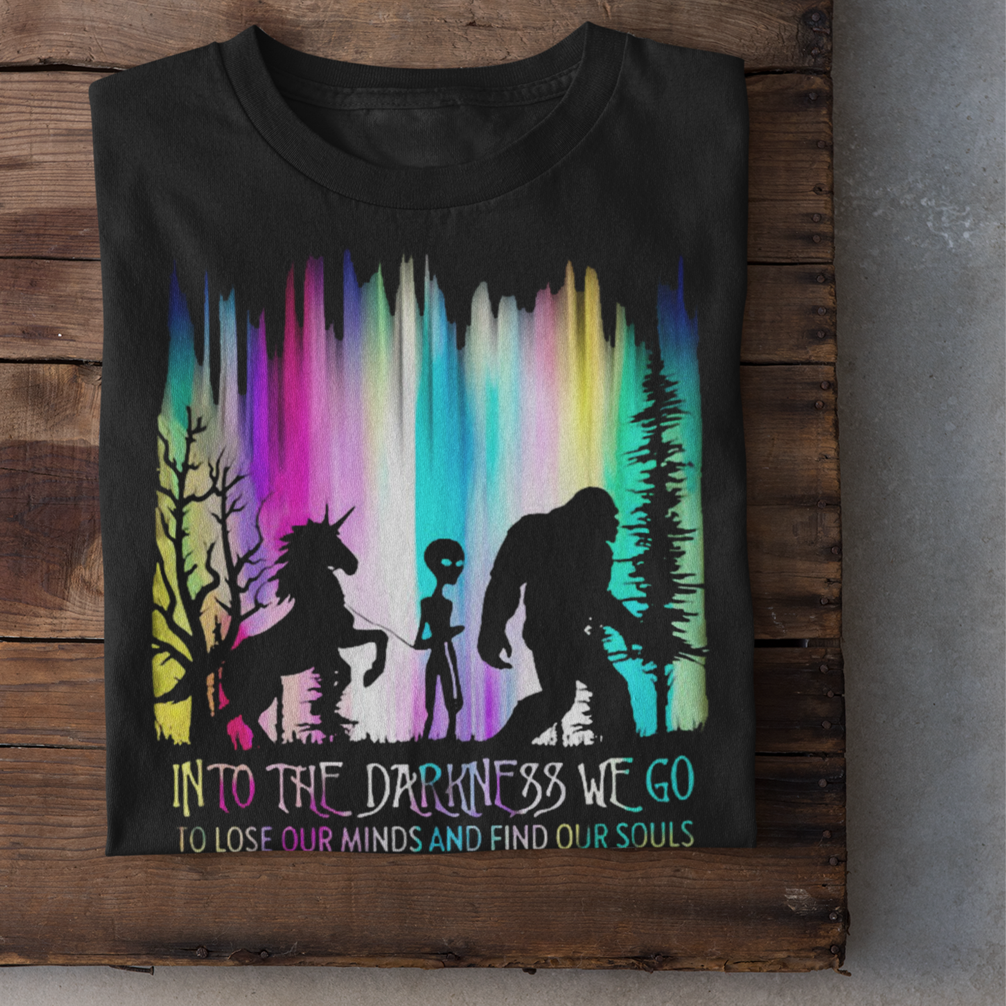 Into The Darkness We Go To Lose Our Minds Vintage T-Shirt, Bigfoot Shirt, Alien Shirt, Unicorn Shirt, Camping Shirt