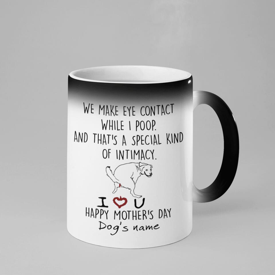 Personalized Pet Mug We Make Eye Contact While I Poop Gift for Dog Lover, Gift For Dog Mom, Colour Changing Custom Dog's Name Coffee Mug