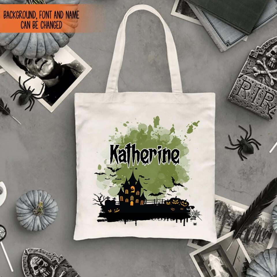 Personalized Halloween Tote Bag Customized Pumpkin Witch Black Cat Castle Skeleton Ghost Canvas Tote Bag for Trick or Treat Goodie gift Bags