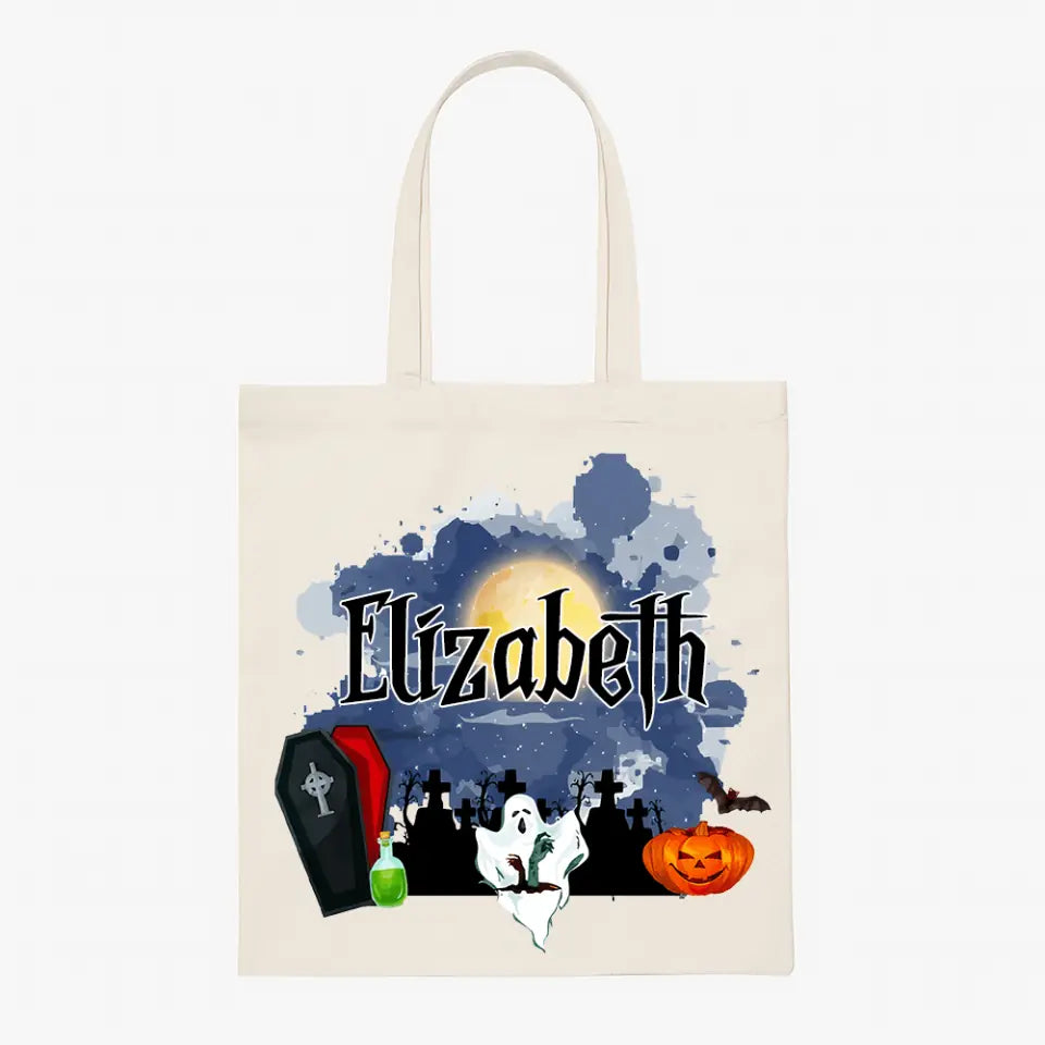 Personalized Halloween Tote Bag Customized Pumpkin Witch Black Cat Castle Skeleton Ghost Canvas Tote Bag for Trick or Treat Goodie gift Bags